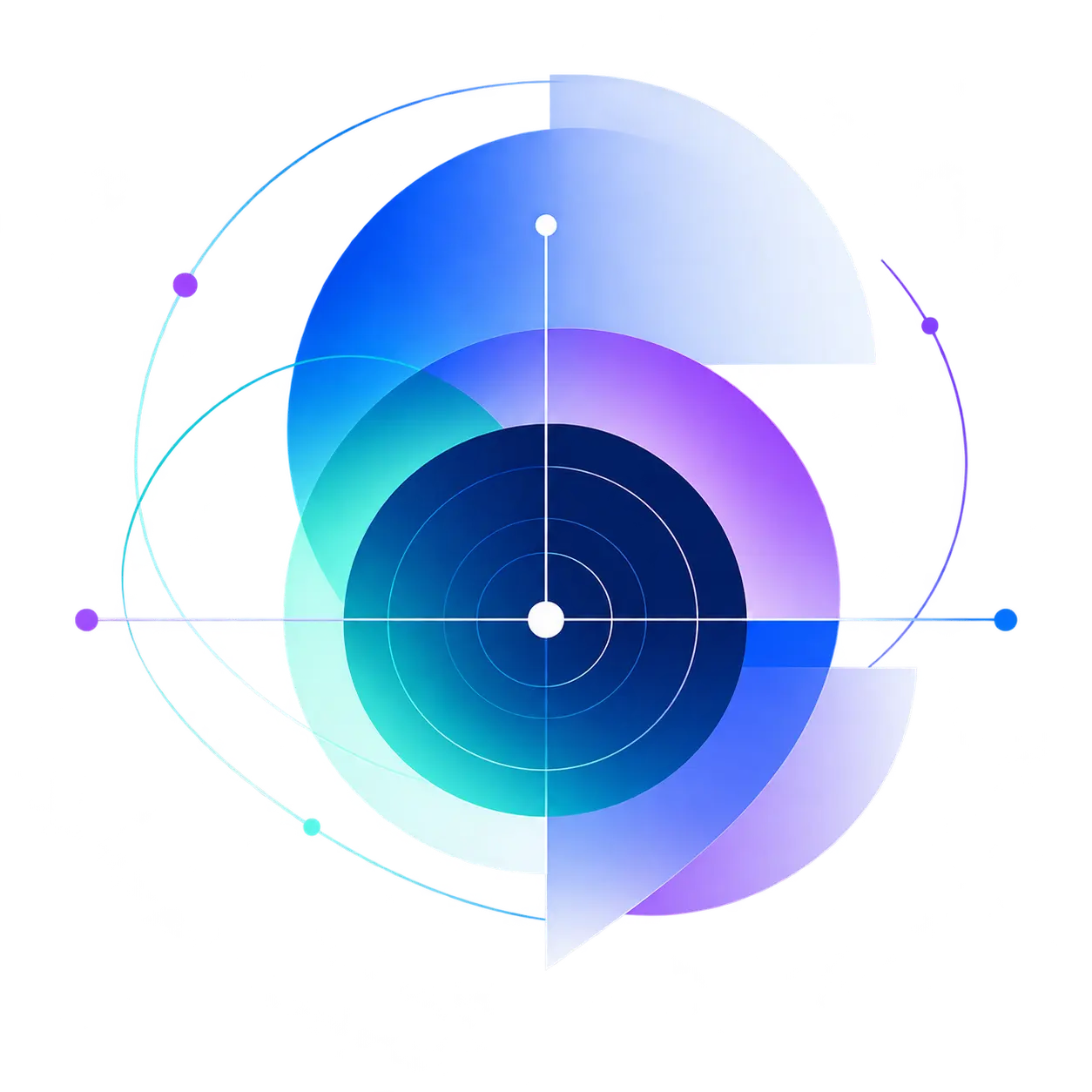Abstract illustration of layered orbital rings in blue, violet, and teal